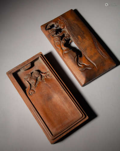 A HUANGYANG WOOD INK SLAB CARVED WITH BEAST