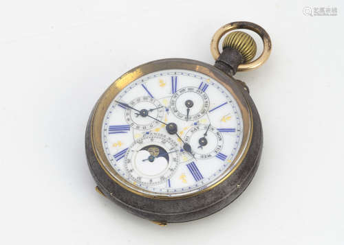 A late Victorian gun metal open faced pocket watch, 50mm, with enamel dial having four subsidiary