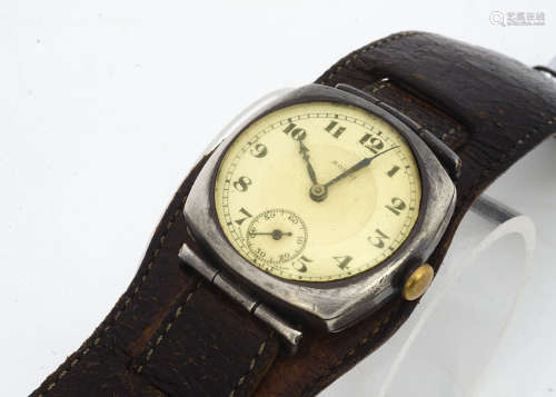 A c1930s Rolex silver trench style wristwatch, 31mm case, not running, enamel dial cracked, movement