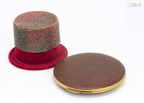 A shagreen ring box in the form of a top hat, 7.5cm diameter x 5cm high together with Kigu leather