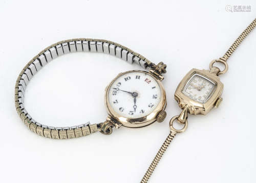 An early 20th Century 9ct gold cased trench style lady's wristwatch, on later strap, together with a