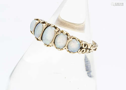 A contemporary 9ct gold Victorian style five stone opal ring, the oval polished cabochons in claw