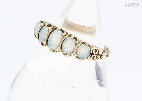 A contemporary 9ct gold Victorian style five stone opal ring, the oval polished cabochons in claw