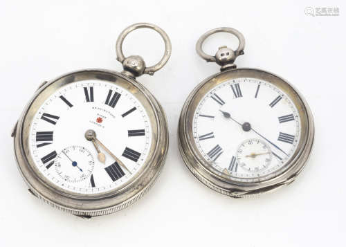 Two Victorian silver open faced pocket watches, including a Bravingtons, 55mm, lacks glass, the