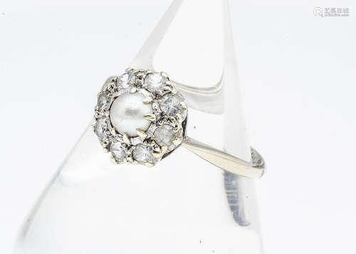A 9ct gold pearl and white sapphire cluster ring, ring size R, 3.1g
