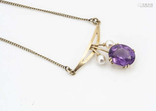 A 9ct gold amethyst and cultured pearl pendant and chain, mixed cut oval claw set amethyst within