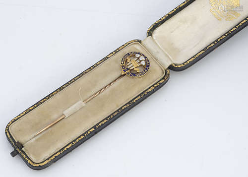 An untested 18ct gold enamel Prince of Wales stick pin, 6.7cm, 3.3g, in fitted Collingwood & Co