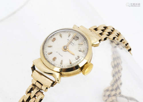 A c1970s Rotary 9ct gold lady's wristwatch, 15mm circular case on 9ct gold bracelet, 13.3g,