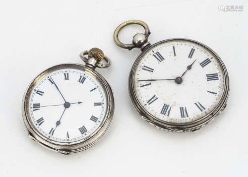 Two Victorian silver open faced ladies pocket watches, one 39mm, the other top wind, 35mm, AF