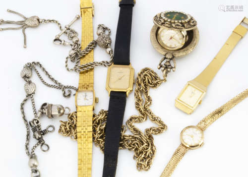 A c1970s Avia 9ct gold lady's wristwatch, 13.5g, together with three ladies watches and a Fivana fob