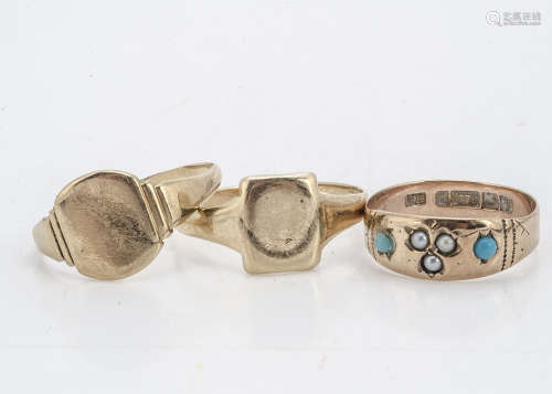 A Victorian 9ct gold seed pearl and turquoise dress ring, ring size Q together with two 9ct gold