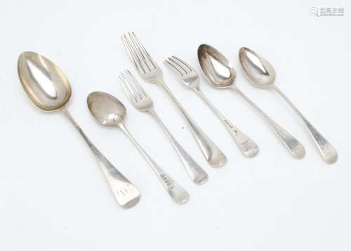 A harlequin George III and later part canteen of silver Old English pattern cutlery, most engraved