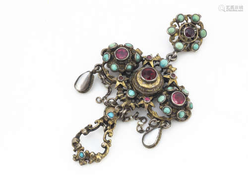 An Austro Hungarian garnet, turquoise and mother of pearl drop pendant, the foil back stones in a