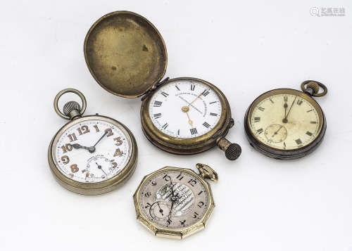 Four pocket watches, including an Art Deco Cyma, a brass full hunter, a gun metal example and WWII