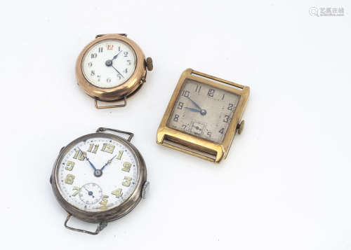 Three vintage watches, one 9ct gold square cased, the other 9ct gold circular cased, and a silver