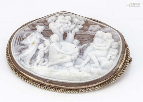 A 9ct gold and shell cameo oval brooch, with carved allegorical scene of classical figures and