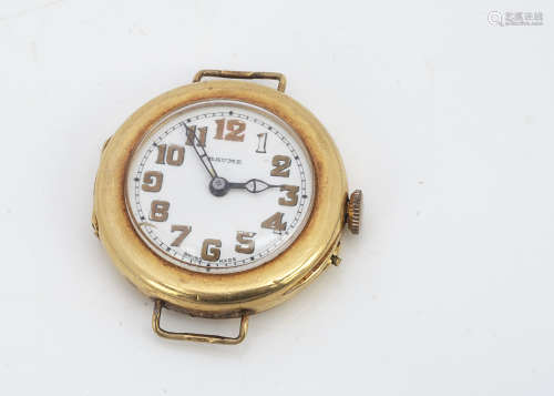 A c1920s Baume 18ct gold cased trench style wristwatch, 32mm case, enamel dial with Arabic numerals,