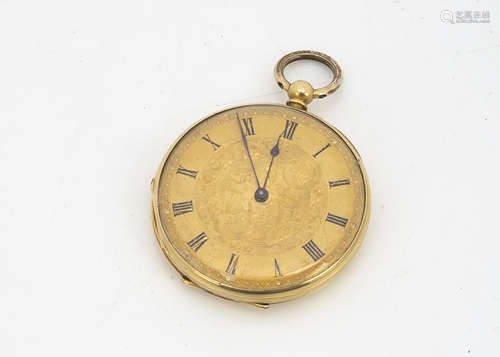 A 19th Century continental yellow metal open faced pocket watch, 38mm, appears to run, gilt engraved