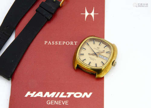 A 1970s Hamilton 36000 Self Winding gold plated gentleman's wristwatch, 38mm cushion shaped case,