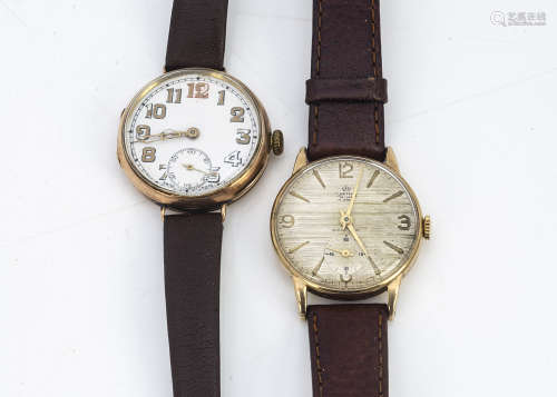 Two 9ct gold cased gentlemens wristwatches, one early 20th Century with enamel dial, overwound,