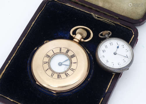 A 1920s Waltham gold plated half hunter pocket watch, 52mm, appears to run, initials and dated to