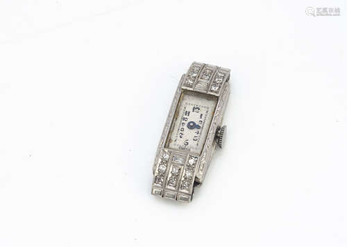 An Art Deco period platinum and diamond cocktail dress wristwatch, 10mm wide, AF, set with eight