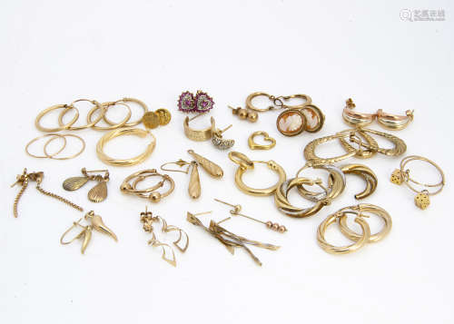 A collection of 9ct gold earrings, including hoop, stud, cameo etc, 24g