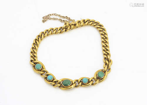 An Edwardian 15ct gold and turquoise bracelet, the cabochon polished beads in curb link settings