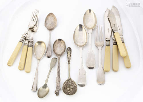 Two Victorian silver dessert spoons and a fork, 4.2ozt, together with a Huckleberry Hound spoon