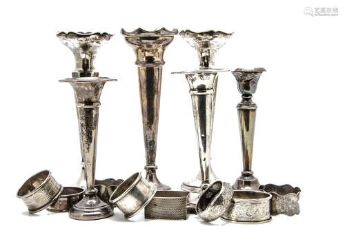 Two pairs of Art Deco period silver filled trumpet vases, together with another single vase, a