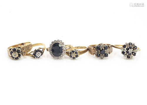 Six 9ct gold sapphire and diamond dress rings, all clusters in various styles, 16g (6)