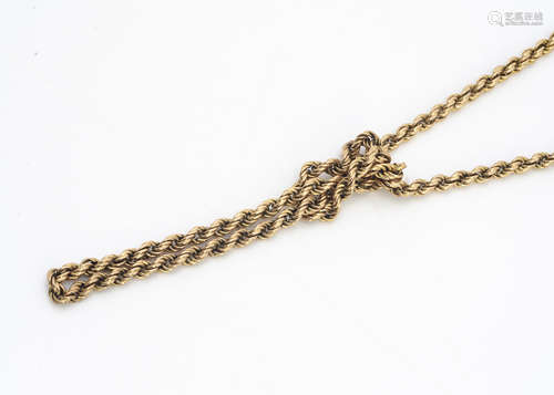 A 9ct gold rope twist necklace, sprung circular clasp, marked 9ct gold link, 39cm together, 26g