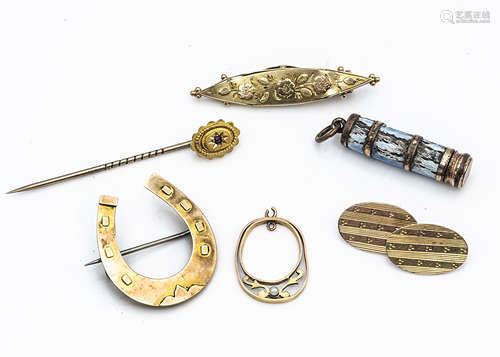 A collection of Edwardian and later gold jewellery, including a horseshoe brooch, an enamel and base