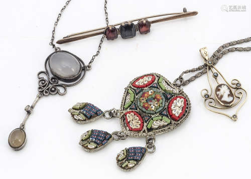 A tourmaline three stone bar brooch, a silver and quartz pendant, a micro mosaic heart pendant and a