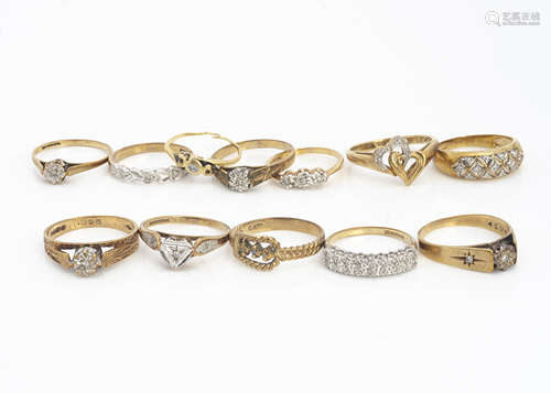 Twelve gold and diamond set rings, of various designs mostly 9ct, including illusion sets, half