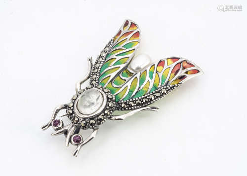 A silver enamel cultured pearl, rock crystal and ruby eyed bug brooch, set with marcasites all in