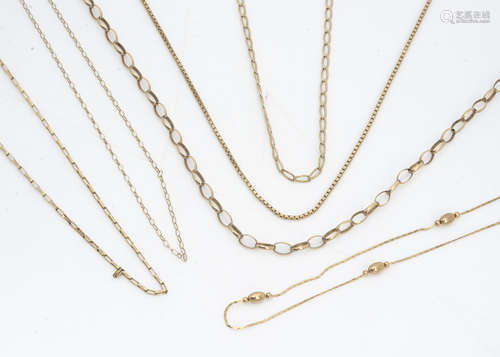 An oval linked 9ct gold chain, another flattened curb link example, a square box link chain and