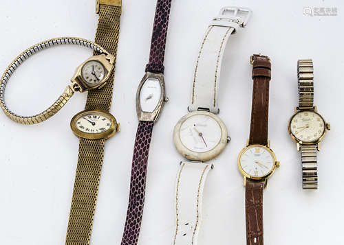 Six ladies watches, including an Everite and a Timor 9ct gold cased examples, a Tissot stone watch