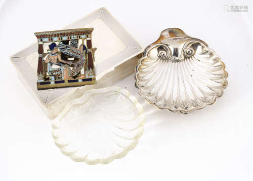A late Victorian shell shaped butter dish from VB & S, together with a glass shell shaped dish and a