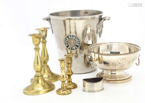 A Victorian silver salt, lacks liner, together with a Piper Heidsieck Champagne bucket, a plated