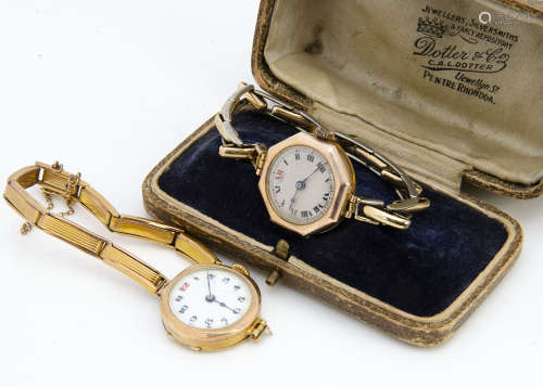 Two Art Deco period 9ct gold cased ladies wristwatches, one on 9ct gold marked expanding strap,