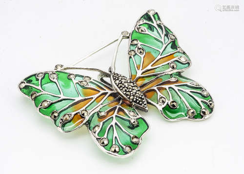 A white metal marcasite and enamel butterfly brooch and pendant, 6cm x 5cm