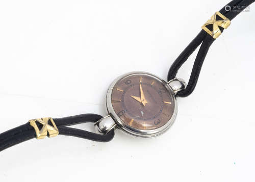 A vintage Jaeger Le Coultre stainless steel cased lady's wristwatch, 20mm, with gilt dial, appears