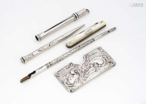 An Art Deco period sterling silver retractable pencil, together with a silver dip fountain pen, a