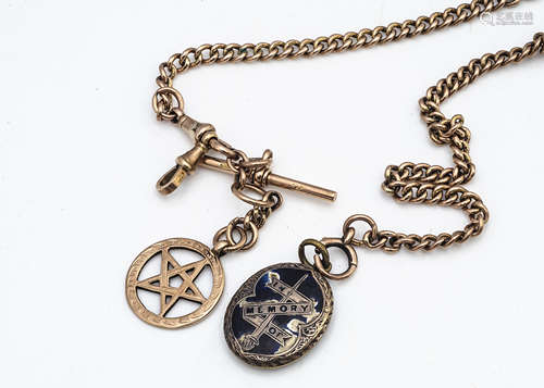 A 9ct gold curb link watch chain, with five pointed star fob, T bar and base metal in Memory of