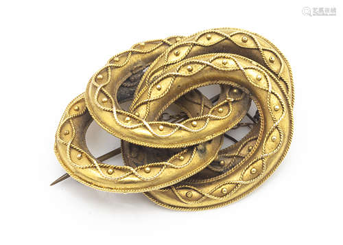 A Victorian gilt metal knot brooch, with intertwined rope and bead decoration, base metal pin, later