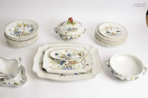 A French Sarreguemines part dinner service, with hand coloured transfer printed design of birds,