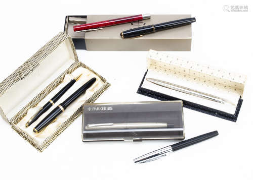 Seven pens and pencils, including a Conway Stewart 57 fountain pen and pencil in Conway Stewart box,