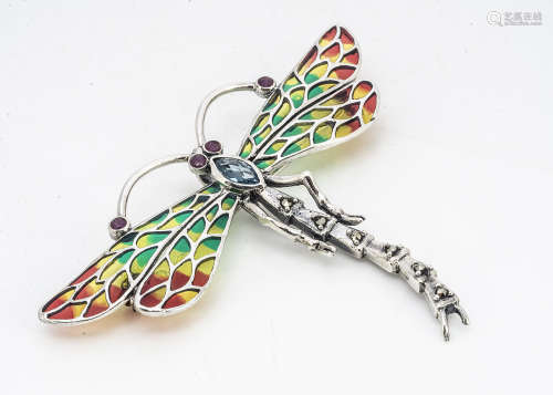 A contemporary silver and enamel gem set dragonfly brooch, 7cm x 5.5cm