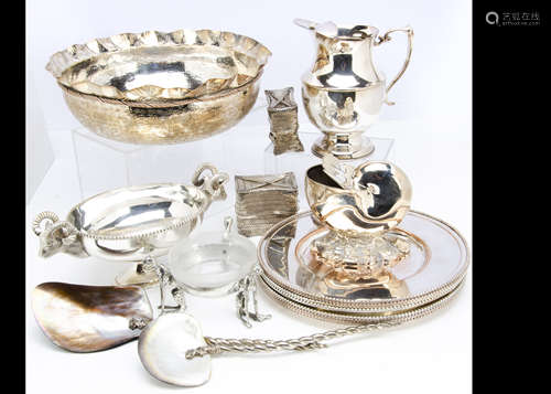 A collection of modern silver plate and metalware, including a set of eight Sheffield plate